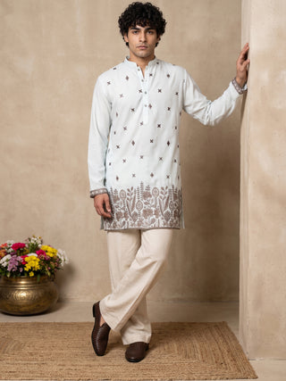 Cotton Blend Floral Embroidered Short Kurta With Korean Pant