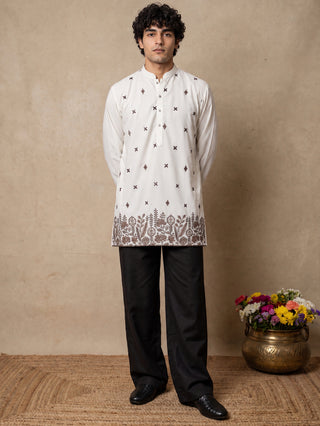 Cotton Blend Floral Embroidered Short Kurta With Korean Pant