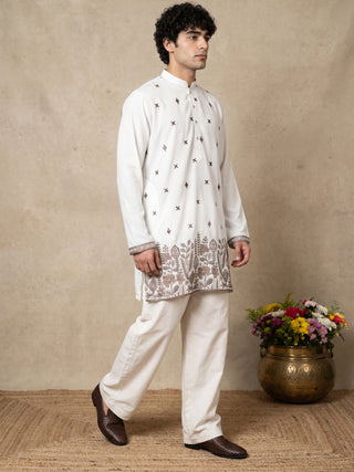 Cotton Blend Floral Embroidered Short Kurta With Korean Pant