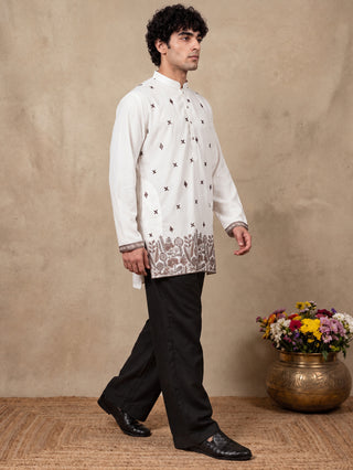 Cotton Blend Floral Embroidered Short Kurta With Korean Pant