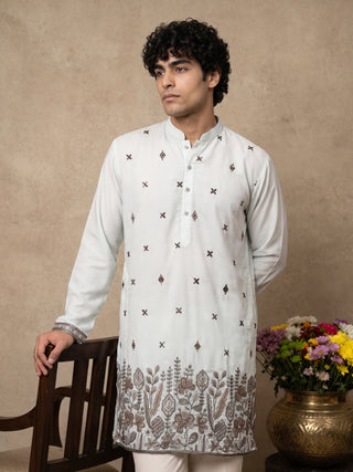 Cotton Blend Floral Embroidered Short Kurta