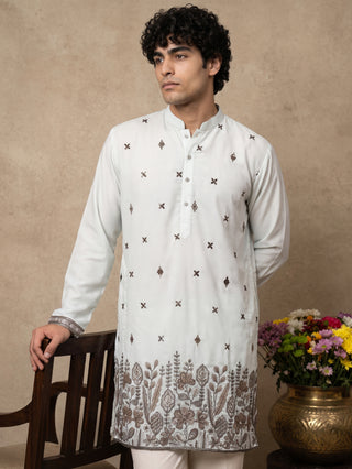 Cotton Blend Floral Embroidered Short Kurta With Korean Pant