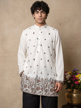 Cotton Blend Floral Embroidered Short Kurta With Korean Pant