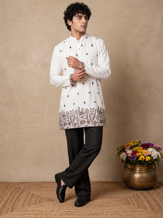 Cotton Blend Floral Embroidered Short Kurta With Korean Pant