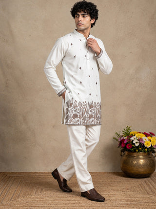 Cotton Blend Floral Embroidered Short Kurta With Korean Pant