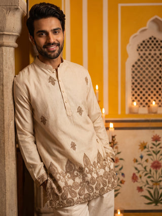 Embroidered Cotton Blend Short Kurta With Korean Pant
