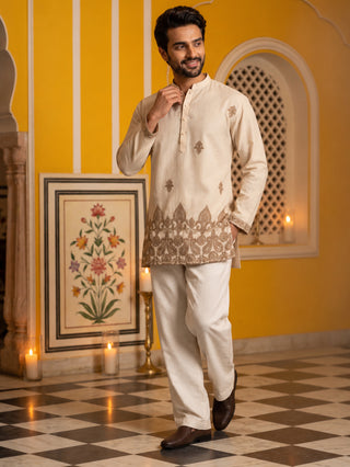 Embroidered Cotton Blend Short Kurta With Korean Pant