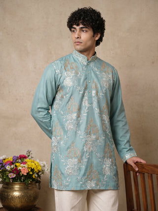 Cotton Blend Floral Embroidered Short Kurta