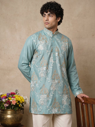 Cotton Blend Floral Embroidered Short Kurta & Korean Pant