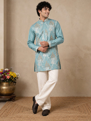 Cotton Blend Floral Embroidered Short Kurta & Korean Pant