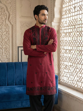 Men’s Classic Silk Blend Kurta Set with Rich Embroidery