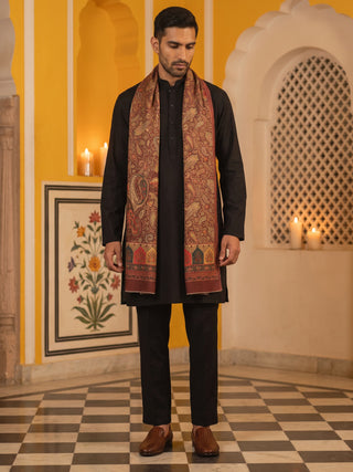 Men Silk Blend Solid Kurta Set with Paisley Printed Dupatta
