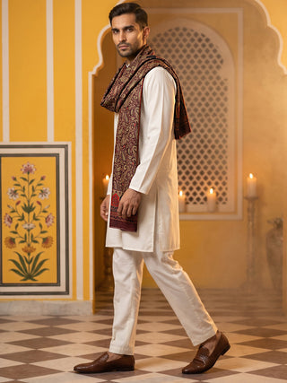 Men Silk Blend Solid Kurta Set with Paisley Printed Dupatta