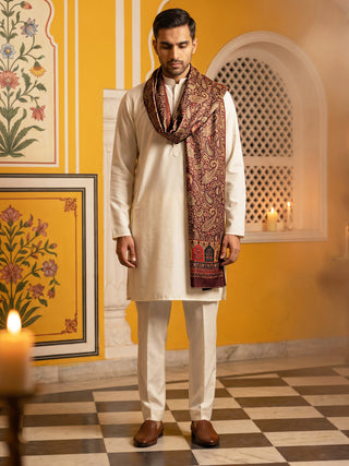 Men Silk Blend Solid Kurta Set with Paisley Printed Dupatta