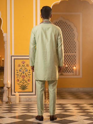Silk Blend Solid Short Kurta Set with Paisley Printed Dupatta