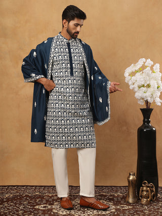 Silk Blend Embroidered Kurta Pyjama Dupatta Set