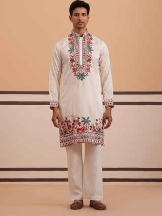 Floral Embroidered Silk Blend Kurta Set