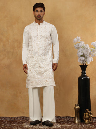 Men Silk Blend Embroidered Kurta Pyjama