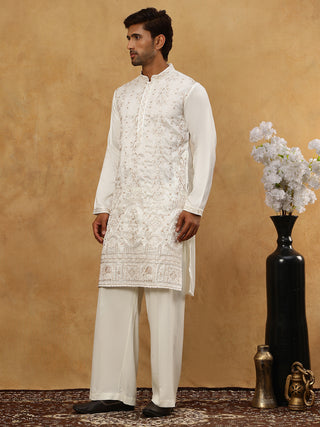 Men Silk Blend Embroidered Kurta Pyjama