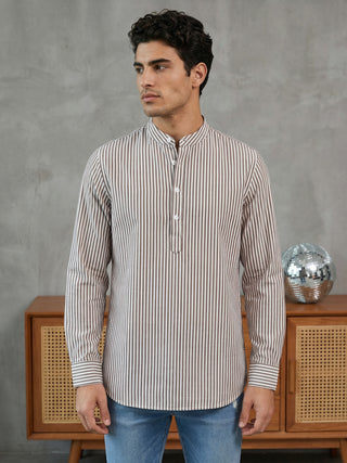 Men’s Beige Striped Short Kurta