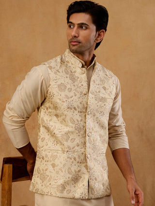 Men Floral Woven Silk Blend Nehru Jacket