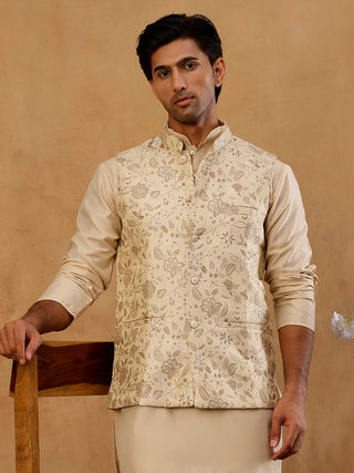 Men Floral Woven Silk Blend Nehru Jacket