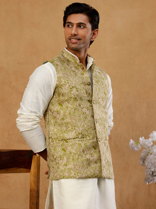 Men Floral Woven Silk Blend Nehru Jacket