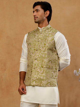 Men Floral Woven Silk Blend Nehru Jacket