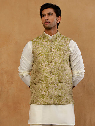 Men Floral Woven Silk Blend Nehru Jacket