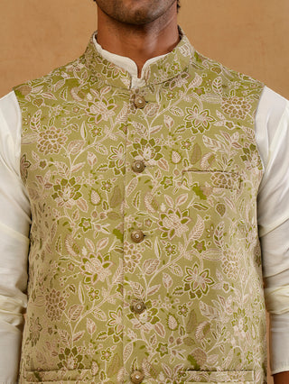 Men Floral Woven Silk Blend Nehru Jacket