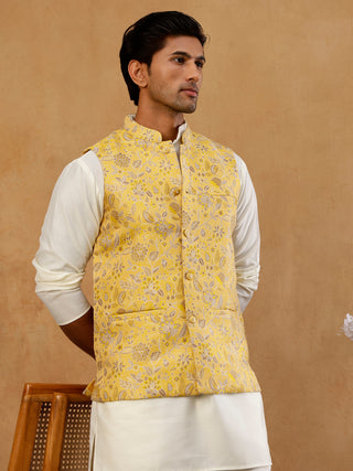 Men Floral Woven Silk Blend Nehru Jacket
