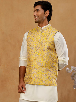 Men Floral Woven Silk Blend Nehru Jacket