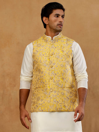 Men Floral Woven Silk Blend Nehru Jacket