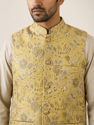Men Floral Woven Silk Blend Nehru Jacket