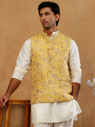 Men Floral Woven Silk Blend Nehru Jacket