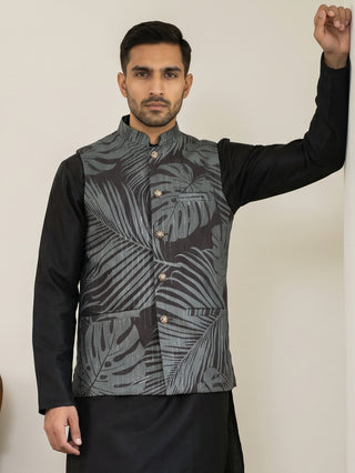 Cotton Blend Botanical Print Nehru Jacket