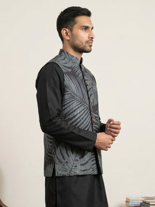 Cotton Blend Botanical Print Nehru Jacket