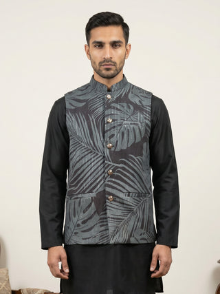 Cotton Blend Botanical Print Nehru Jacket