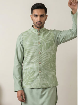 Cotton Blend Botanical Print Nehru Jacket