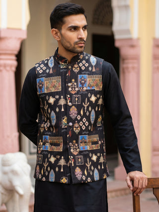 Cotton Blend Multicoloured Print Nehru Jacket