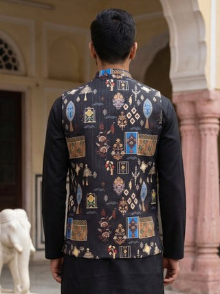 Cotton Blend Multicoloured Print Nehru Jacket