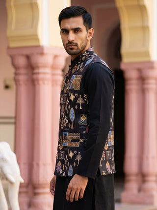 Cotton Blend Multicoloured Print Nehru Jacket