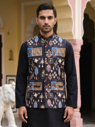 Cotton Blend Multicoloured Print Nehru Jacket