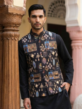 Cotton Blend Multicoloured Print Nehru Jacket