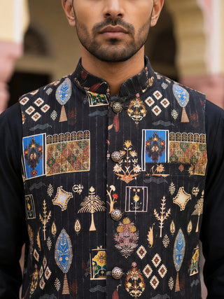 Cotton Blend Multicoloured Print Nehru Jacket