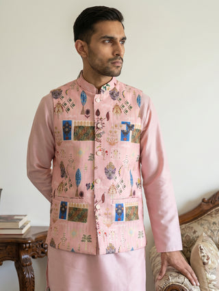 Cotton Blend Multicoloured Print Nehru Jacket
