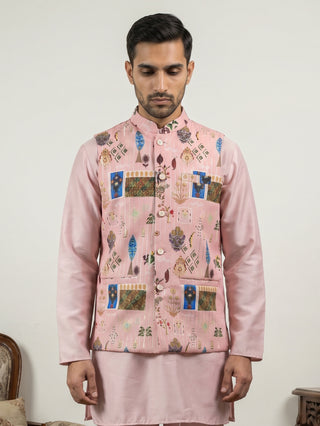 Cotton Blend Multicoloured Print Nehru Jacket
