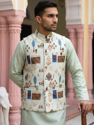 Cotton Blend Multicoloured Print Nehru Jacket