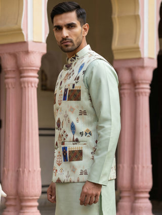 Cotton Blend Multicoloured Print Nehru Jacket