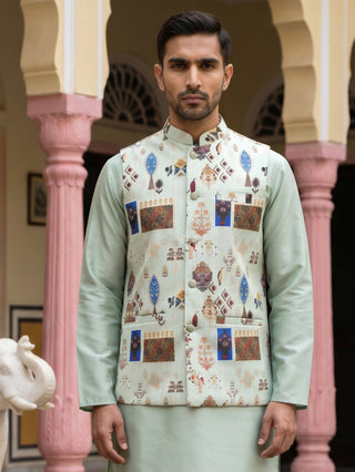 Cotton Blend Multicoloured Print Nehru Jacket